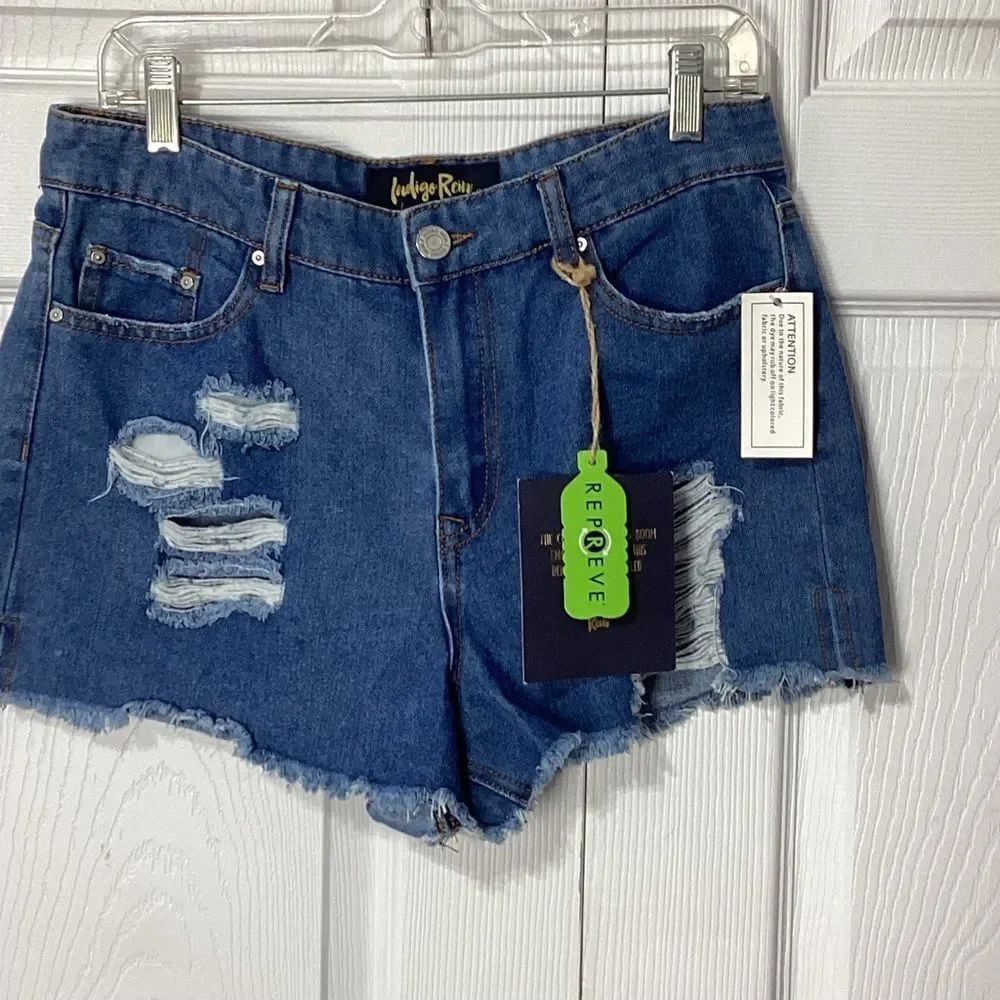 Indigo Rein Cut Off Jean Shorts 9/28 NWT Super High Rise Distressed